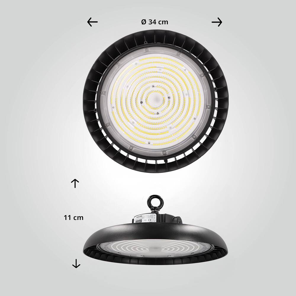 LED Universum LED Hallenstrahler UFO High Bay Strahler 200W kaltweiß 6000K 42000lm mit Philips-Netzteil dimmbar 90° Ø340xH110mm