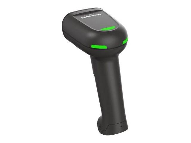 Schwarzer tragbarer Barcode-Scanner mit grünen Anzeigelichtern auf weißem Hintergrund.