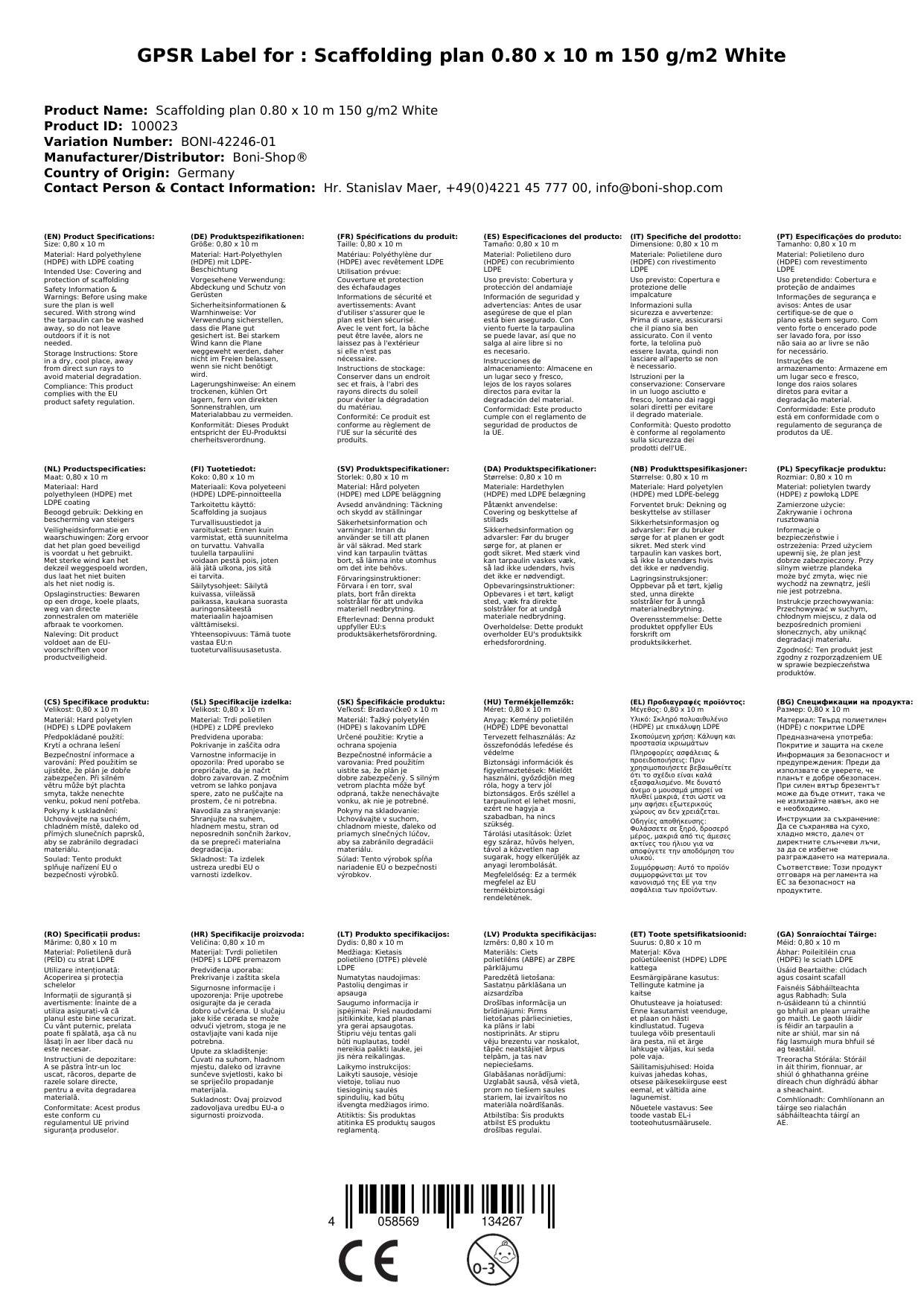 Gerüstplane 0,80 x 10 m, 150 g/m², Abdeckplane, weiß