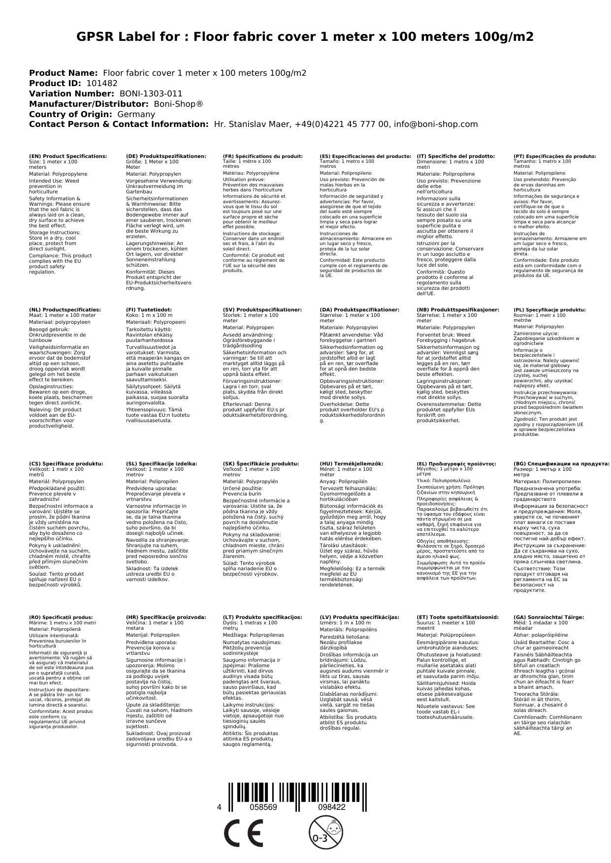 Unkrautvlies, Bodengewebe, Abdeckvlies 1m x 100m, 100g/m²