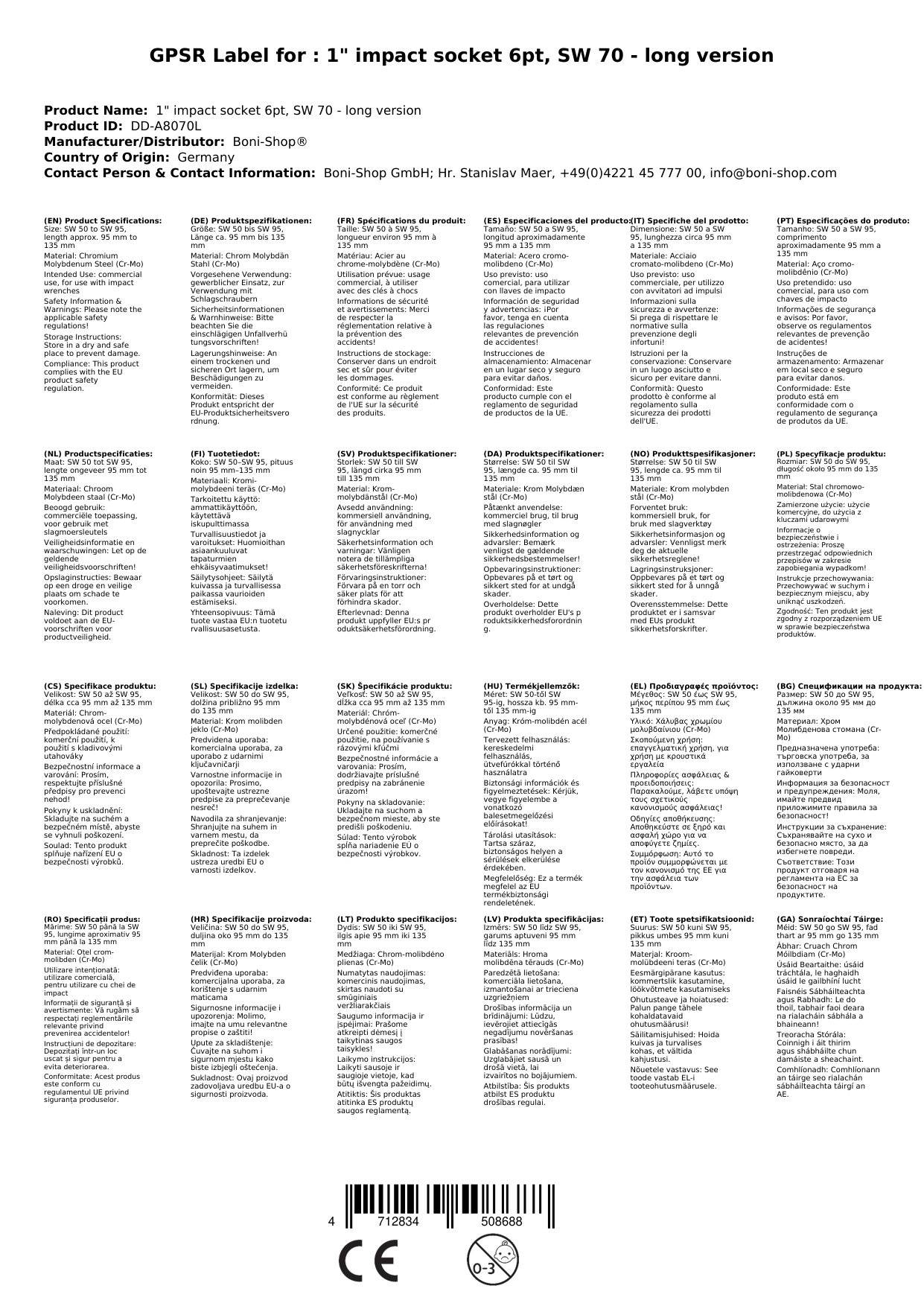 1 Zoll Nuss, Schlagschraubernuss SW 70, lange Ausführung, 6pt