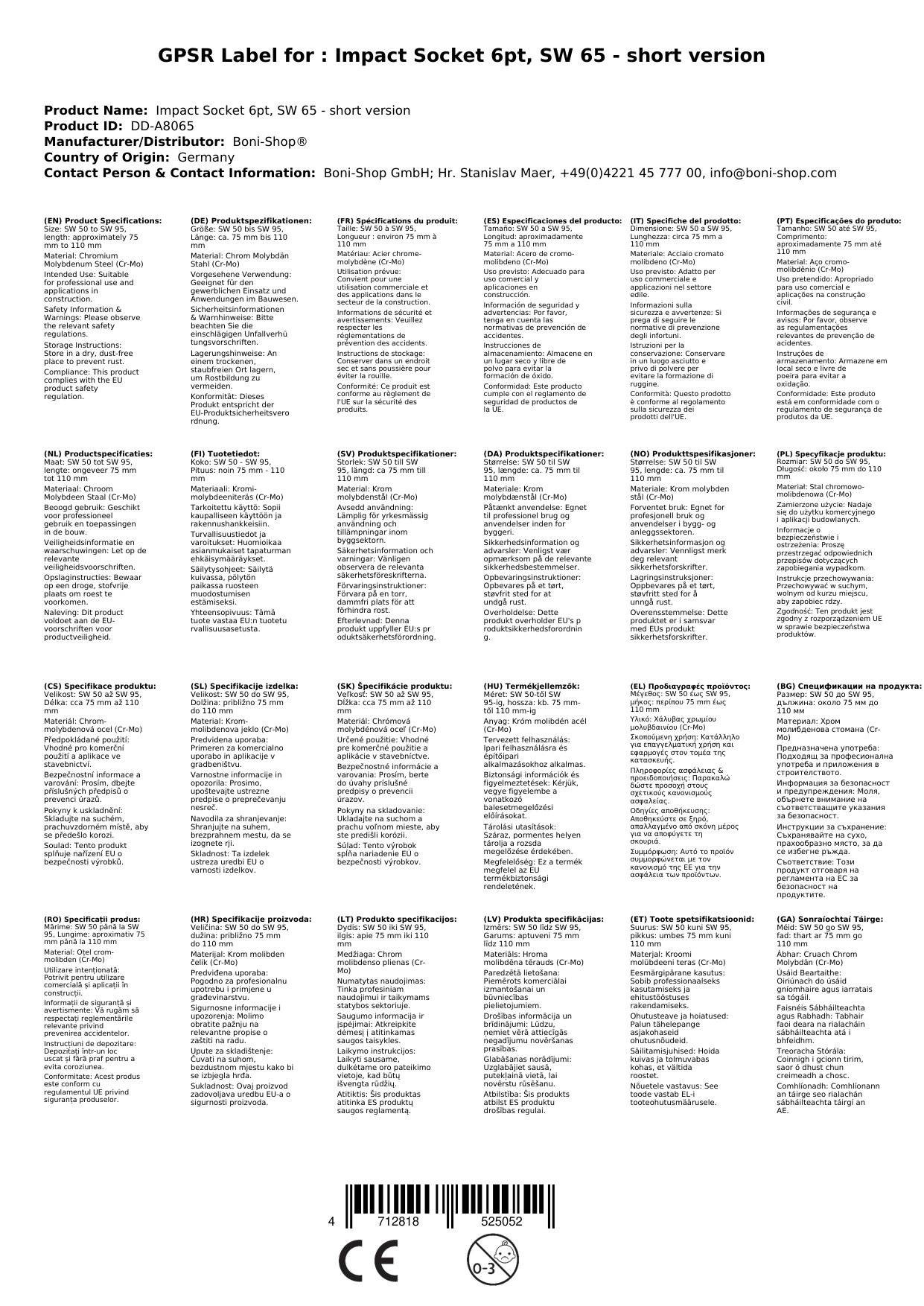 1 Zoll Schlagschraubernuss, SW 65 kurz, 6pt
