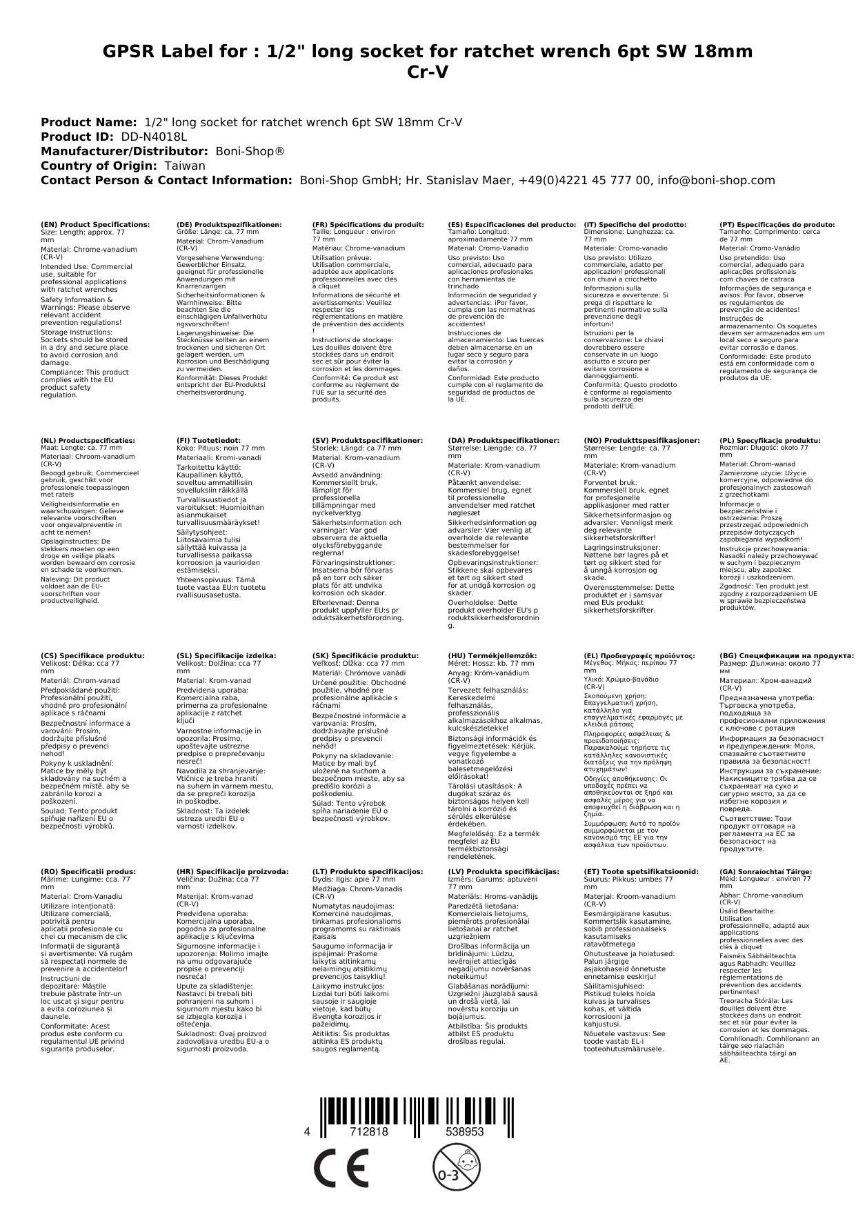 Stecknuss 1/2 zoll, 18mm Nuss, Langnuss, Cr-V, 6-Kant, für Knarre/Ratsche