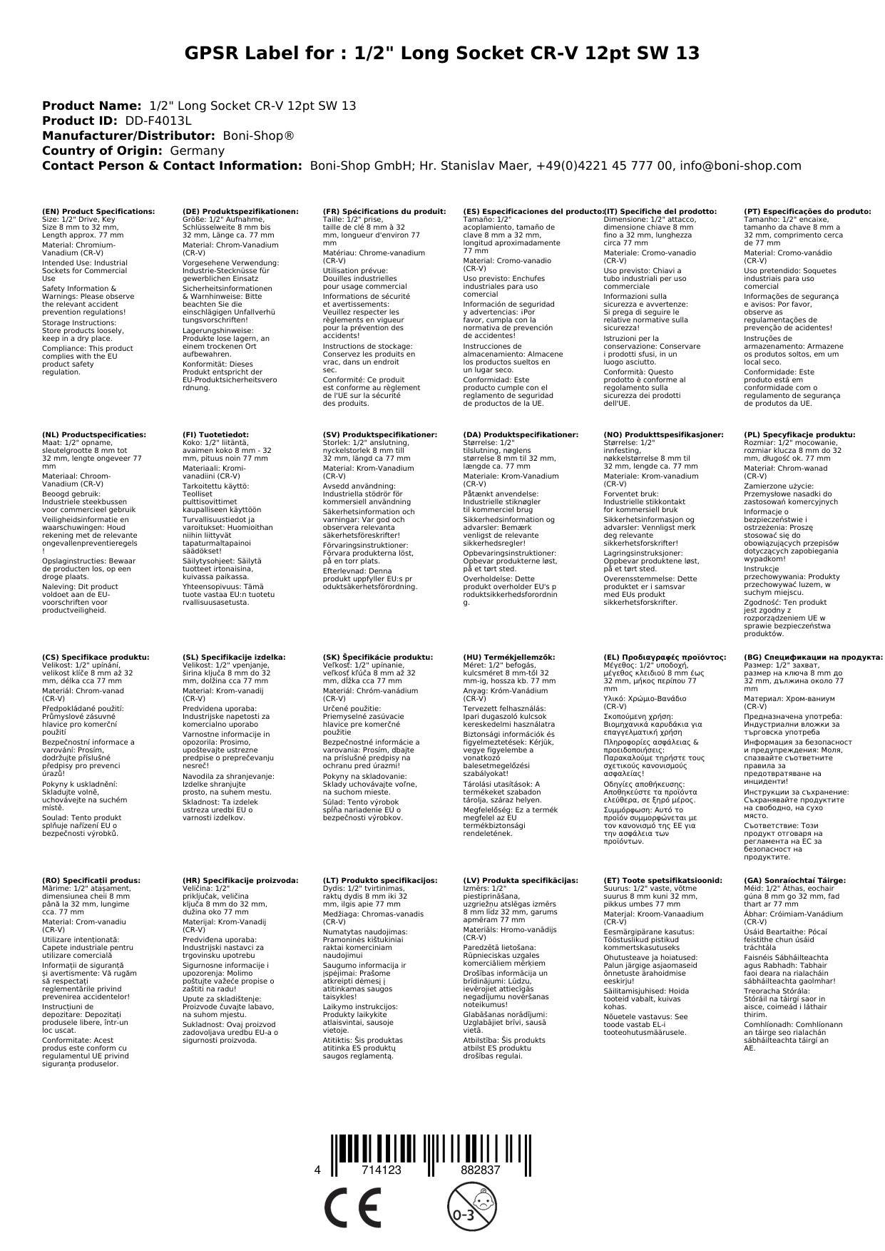 Stecknuss 1/2 Zoll, Langnuss, 13mm, 12 Kant, CR-V, Industriequalität