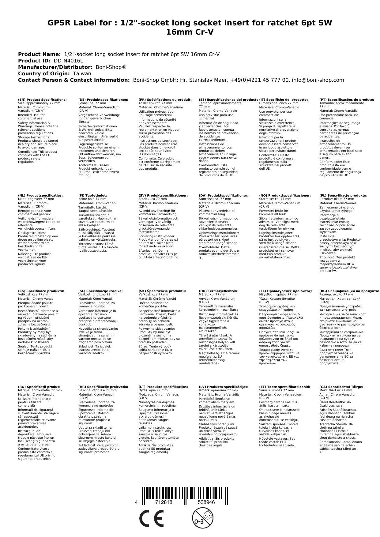 1/2 zoll Nuss, Stecknuss 16mm, Langnuss, 6pt Stecknuss