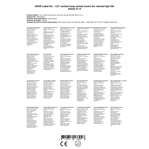 1/2 zoll Nuss, Stecknuss 16mm, Langnuss, 6pt Stecknuss 1/2 zoll Nuss, Stecknuss 16mm, Langnuss, 6pt Stecknuss