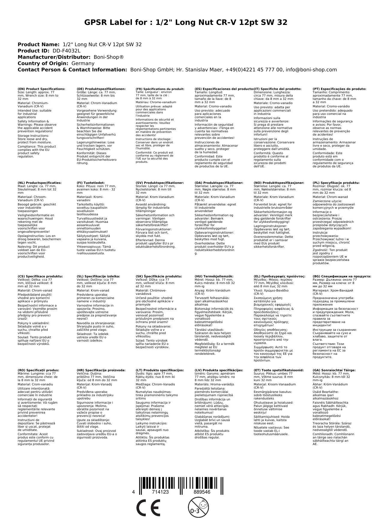 1/2 Zoll Nuss, 32mm Langnuss, CR-V, 12-Kant