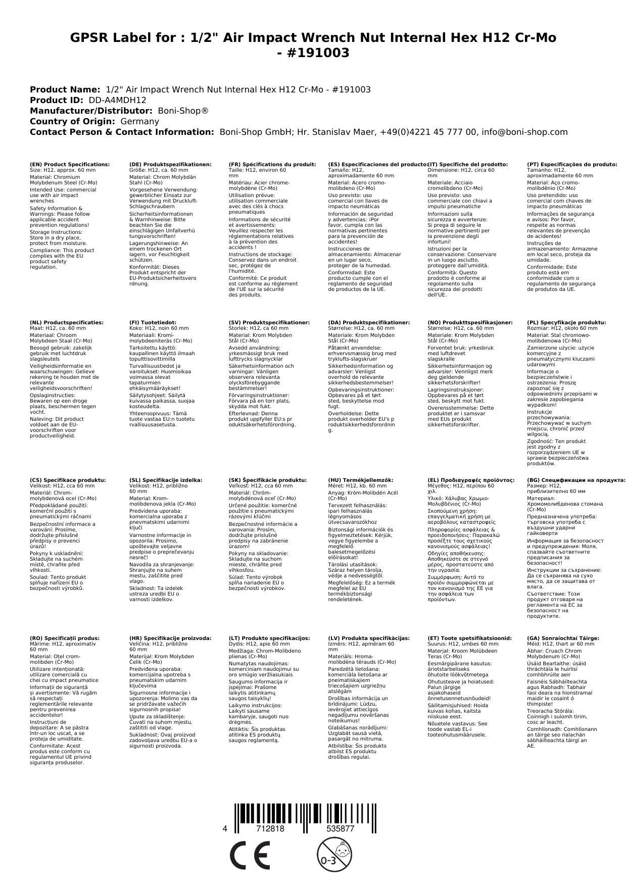 Schlagschraubernuss, Innensechskant Nuss, 1/2 Zoll, H12, Cr-Mo