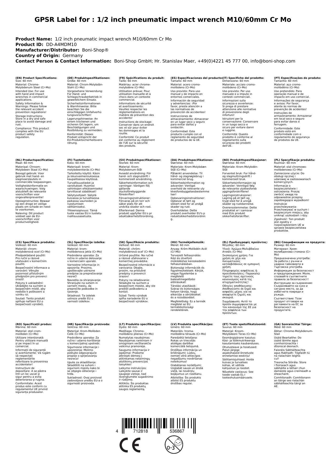 Schlagschraubernuss, Vielzahn Nuss, 1/2 Zoll, XZN M10, 60mm, Cr-Mo