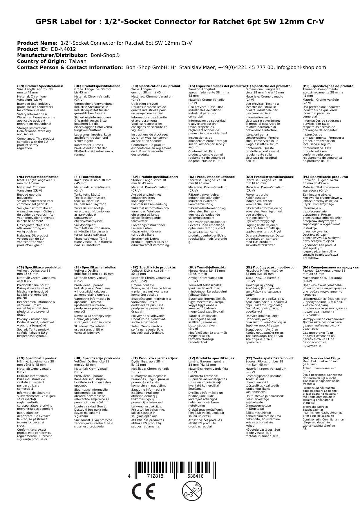 Stecknuss 1/2 Zoll, Nuss Einsatz, Knarre Ratsche, 12mm, Cr-V