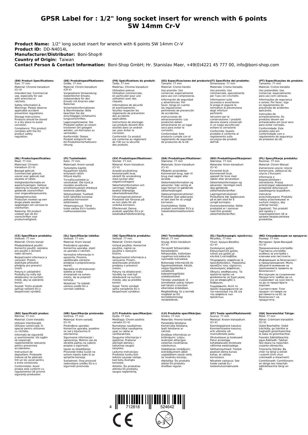 1/2 zoll Nuss, Stecknuss 14mm, Langnuss, für Knarre Ratsche, Cr-V