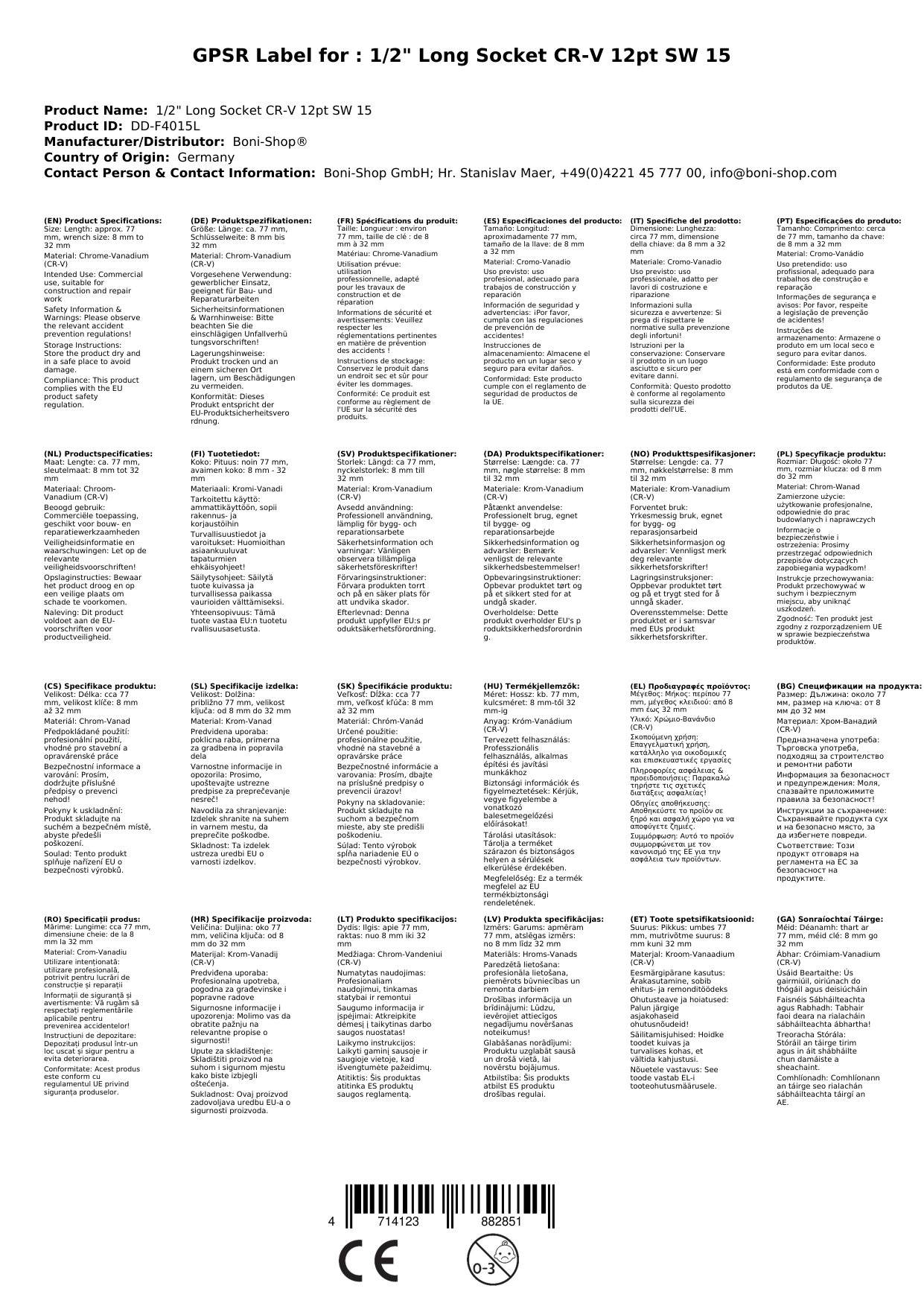 1/2 Zoll Nuss, Stecknuss 15mm, Langnuss, 12 Kant