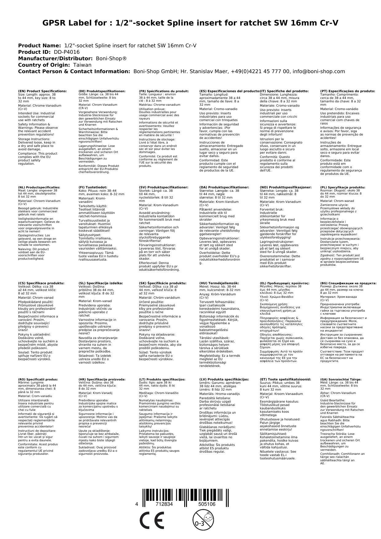 Stecknuss 1/2 Zoll, Nuss Knarre, 16mm, Cr-V