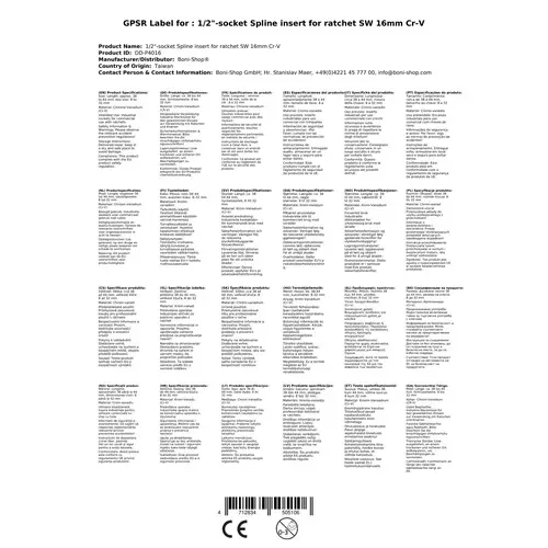 Stecknuss 1/2 Zoll, Nuss Knarre, 16mm, Cr-V Stecknuss 1/2 Zoll, Nuss Knarre, 16mm, Cr-V