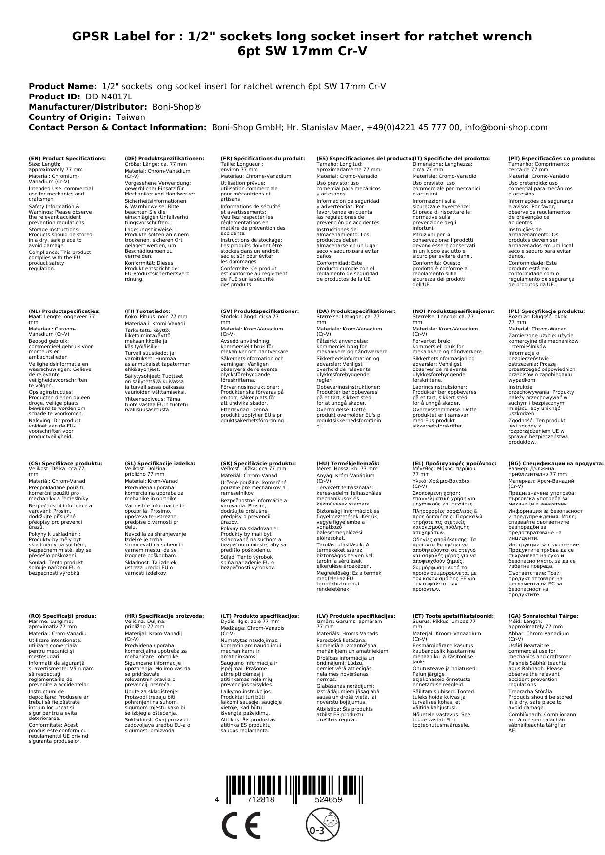 1 2 zoll nuss, Stecknuss 17 mm, Langnuss, CR-V, 6-kant
