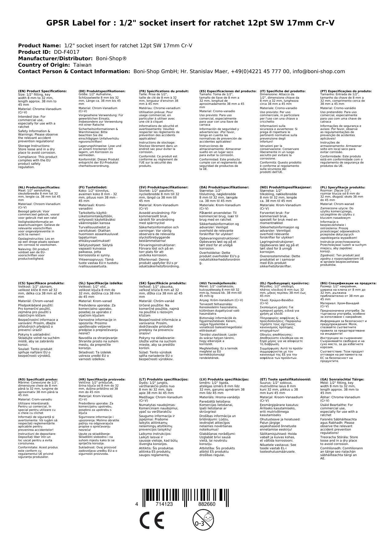 Stecknuss 1/2 Zoll, 17mm Nuss, Cr-V, für Knarre, Ratsche