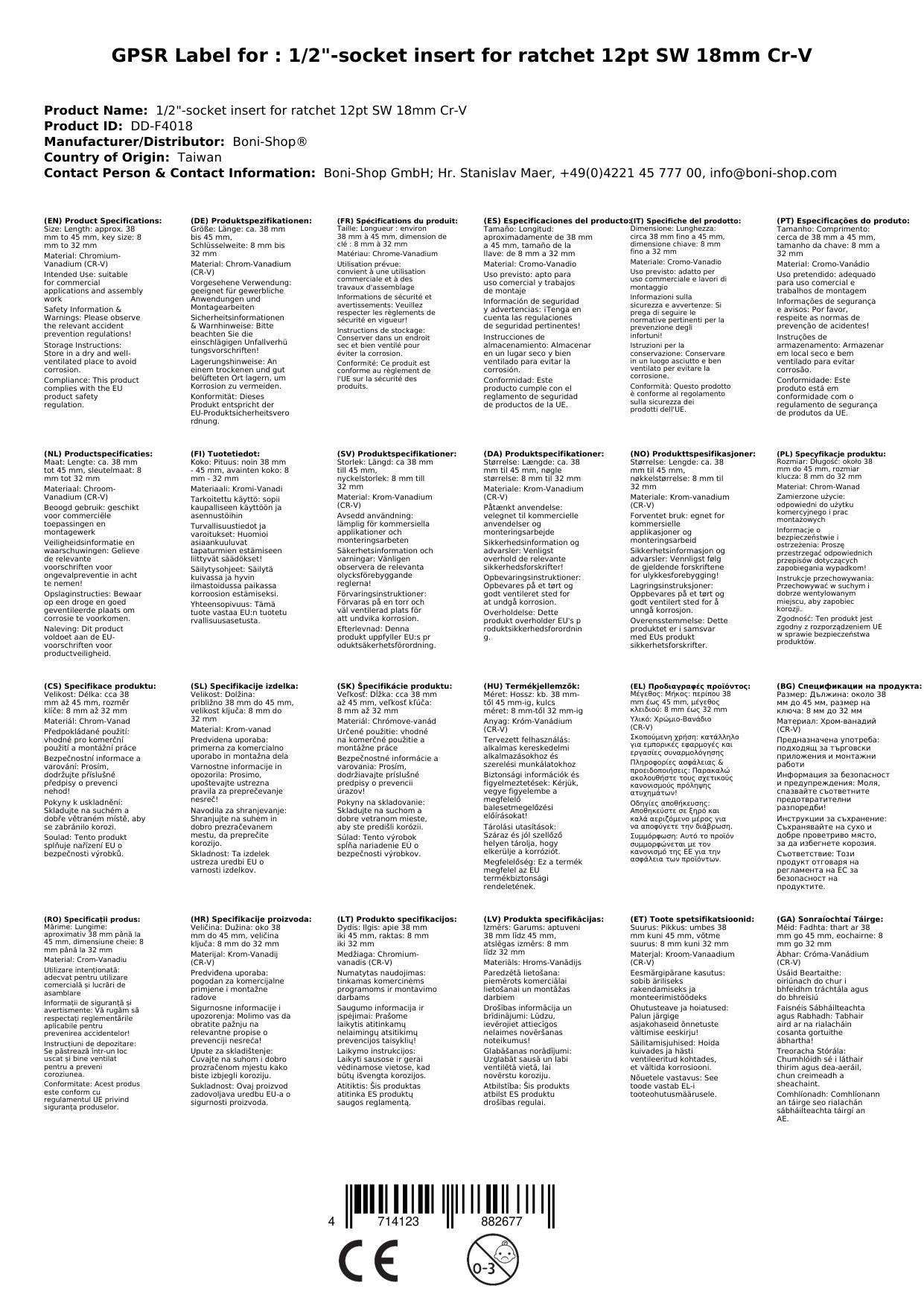1 2 zoll nuss, 18 mm Nuss, CR-V, 12-Kant, Industriequalität