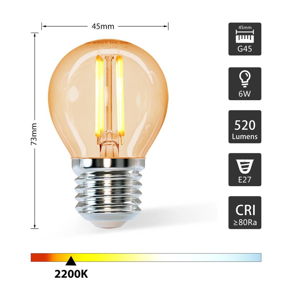LED Universum LED Leuchtmittel Filament Glühlampe G45 Sockel E27 6W 2200K/Amber 520lm Ø45xH73mm