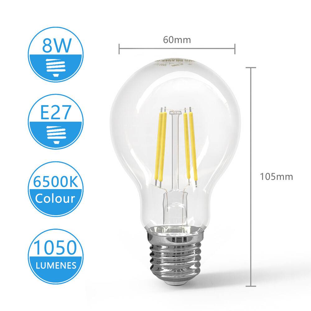 LED Universum LED Leuchtmittel Filament Glühlampe A60 Sockel E27 8W 6500K 1050lm Ø60xH105mm