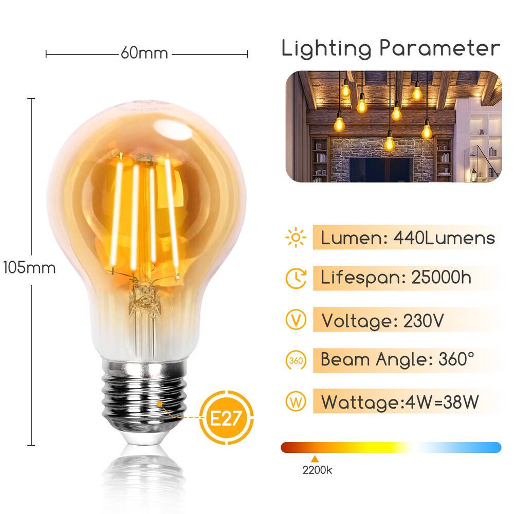 LED Universum LED Leuchtmittel Filament Glühlampe A60 Sockel E27 4W 2200K/Amber 440lm Ø60xH105mm