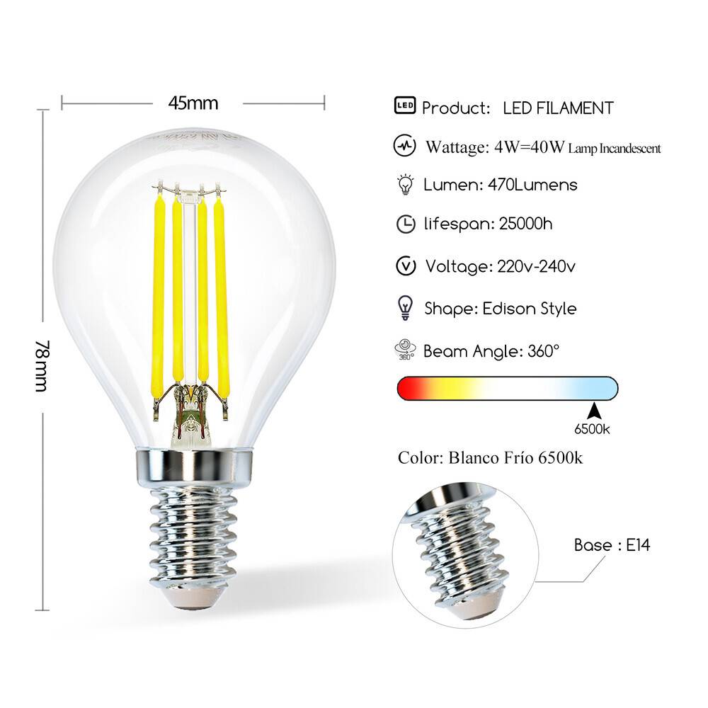 LED Universum LED Leuchtmittel Filament Glühlampe G45 Sockel E14 4W 6500K 470lm Ø45xH78mm