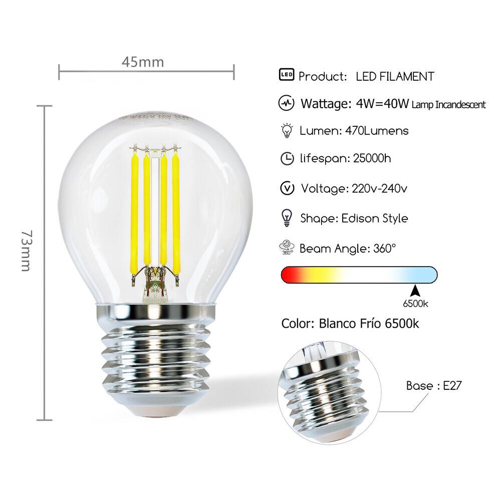 LED Universum LED Leuchtmittel Filament Glühlampe G45 Sockel E27 4W 6500K 470lm Ø45xH73mm