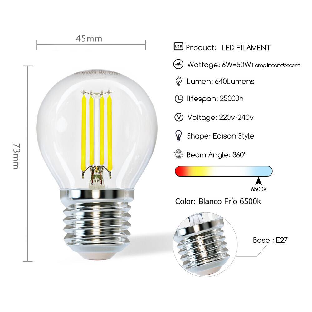 LED Universum LED Leuchtmittel Filament Glühlampe G45 Sockel E27 6W 6500K 640lm Ø45xH73mm