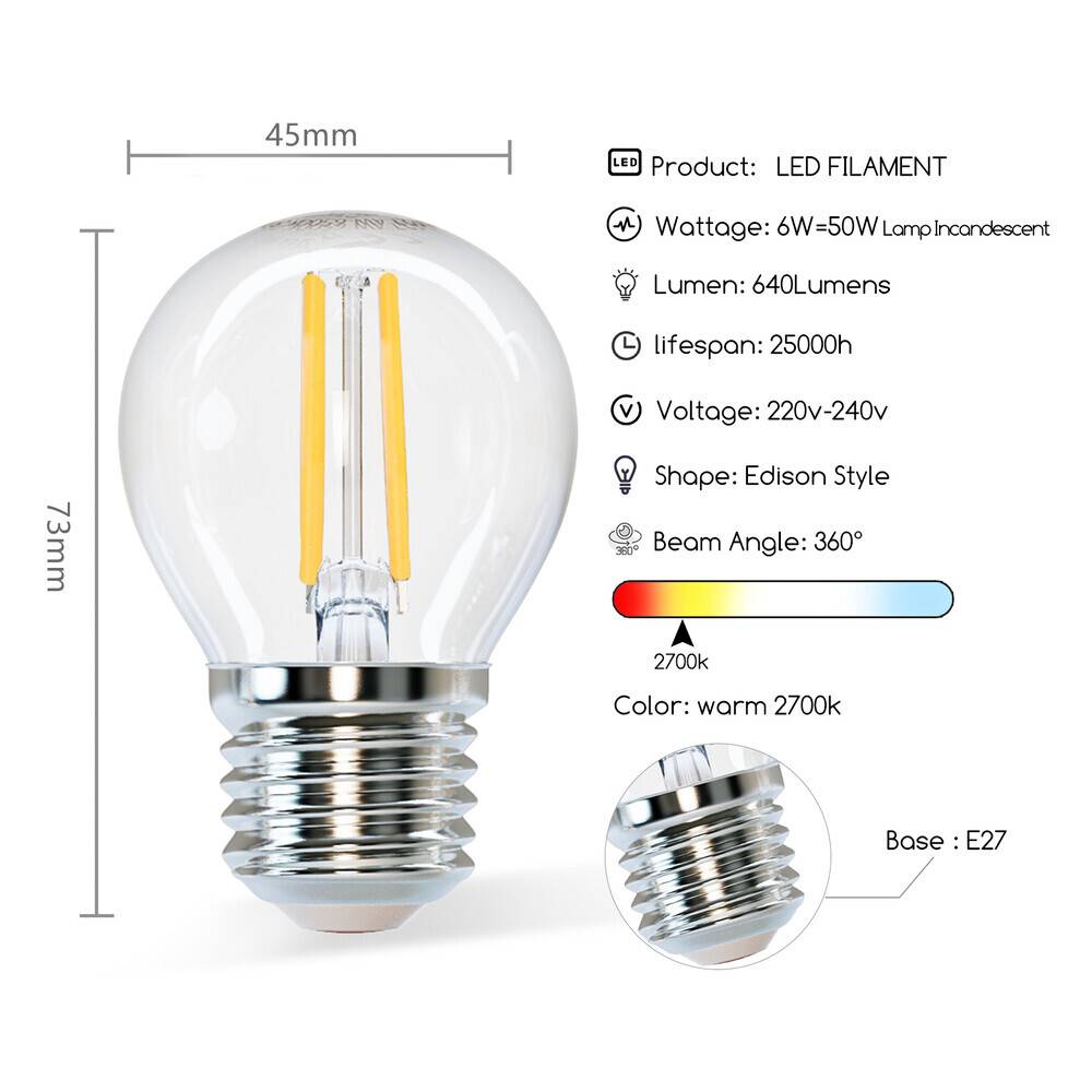 LED Universum LED Leuchtmittel Filament Glühlampe G45 Sockel E27 6W 2700K 720lm Ø45xH73mm
