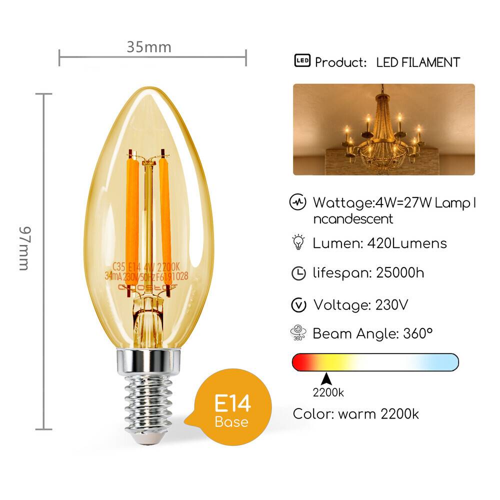 LED Universum LED Leuchtmittel Filament Glühlampe C35 Sockel E14 4W 2200K/Amber 420lm Ø35xH97mm