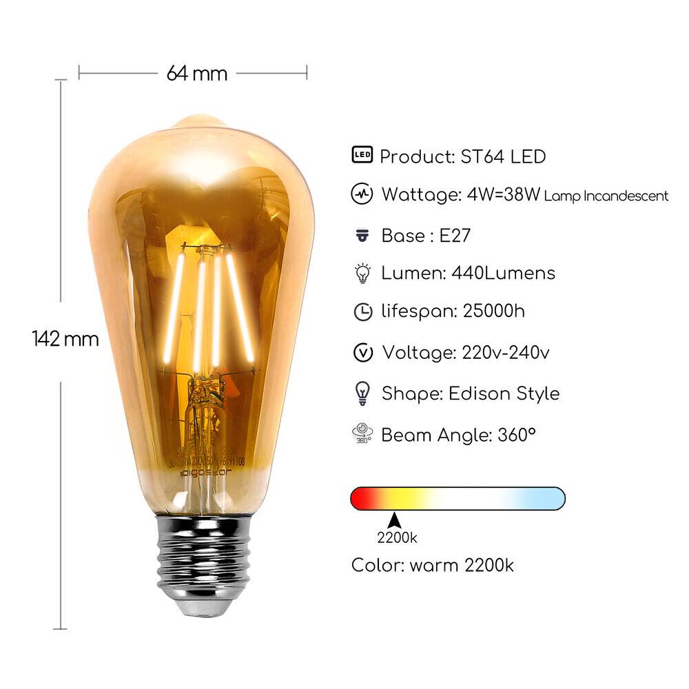 LED Universum LED Leuchtmittel Filament Glühlampe ST64 Sockel E27 4W 2200K/Amber 440lm Ø64xH142mm