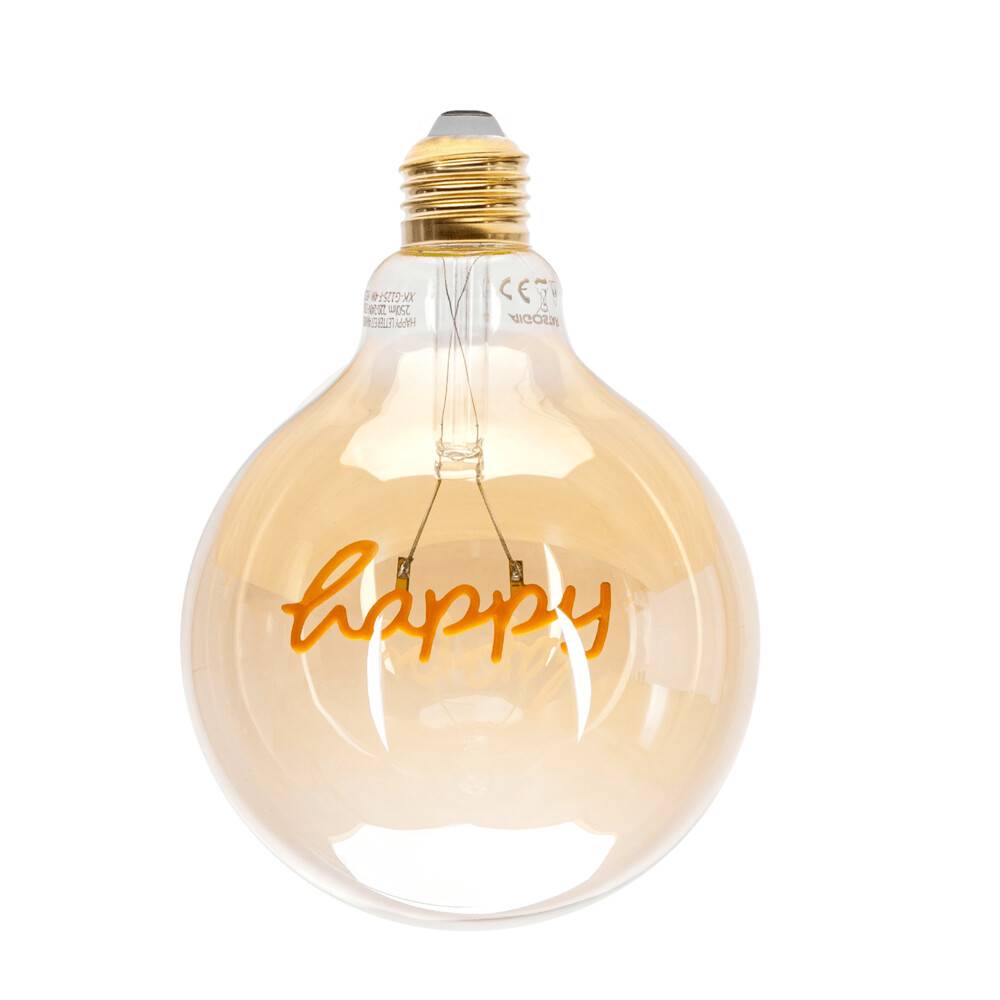 LED Universum LED Leuchtmittel Filament Glühlampe Schriftzug "Happy" G125 Sockel E27 4W 1800K/Amber 250lm Ø125xH172mm
