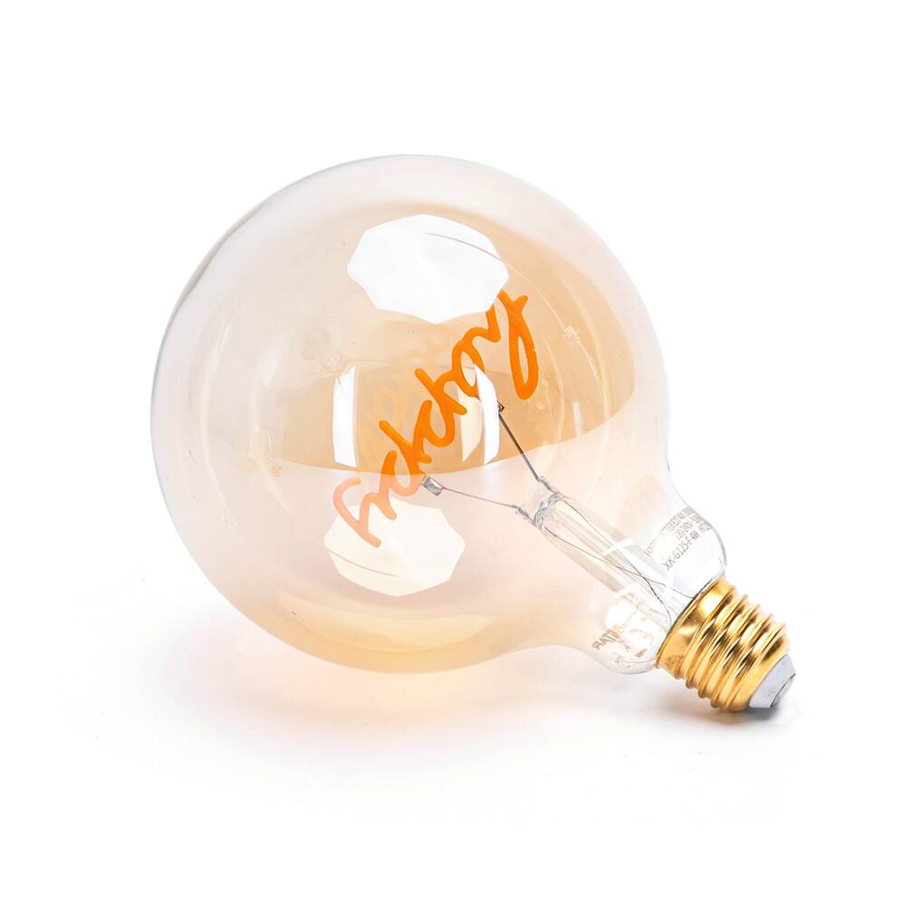 LED Universum LED Leuchtmittel Filament Glühlampe Schriftzug "Happy" G125 Sockel E27 4W 1800K/Amber 250lm Ø125xH172mm