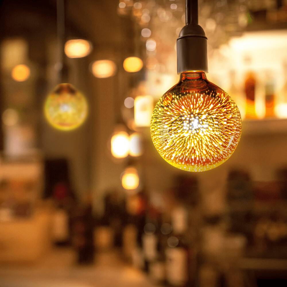 LED Universum LED Leuchtmittel Filament Glühlampe "3D Feuerwerk" G125 Sockel E27 4W 1800K Ø125xH172mm