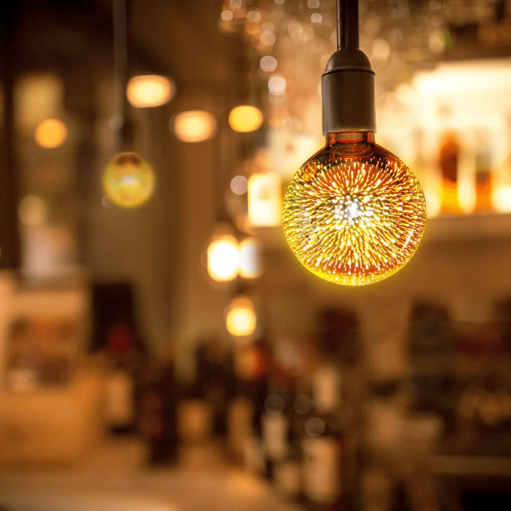 LED Universum LED Leuchtmittel Filament Glühlampe "3D Feuerwerk" G80 Sockel E27 2W 1800K Ø80xH114mm