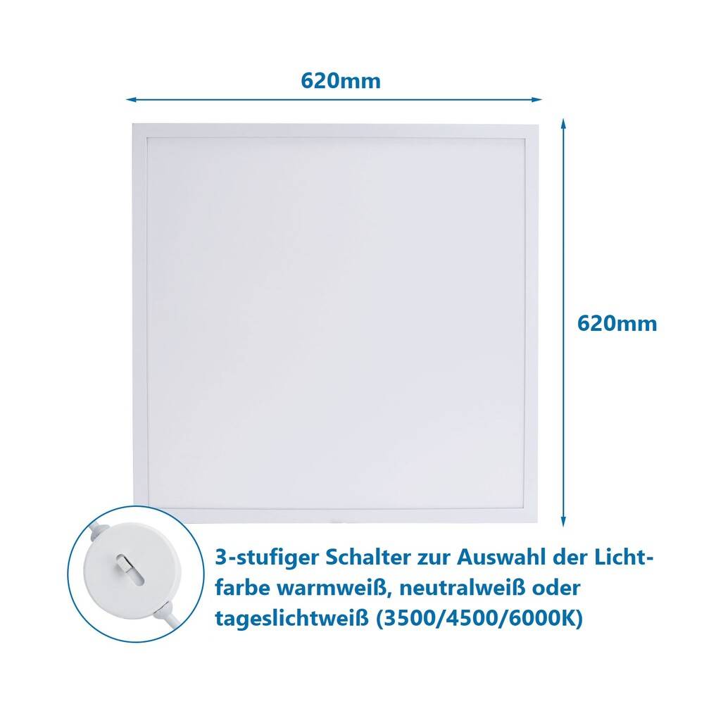 LED Universum LED Panel Einlegeleuchte 62x62cm 3CCT 40W 3000/4000/6500K 5300lm UGR≤22 CRI>80 L620xB620xH27mm