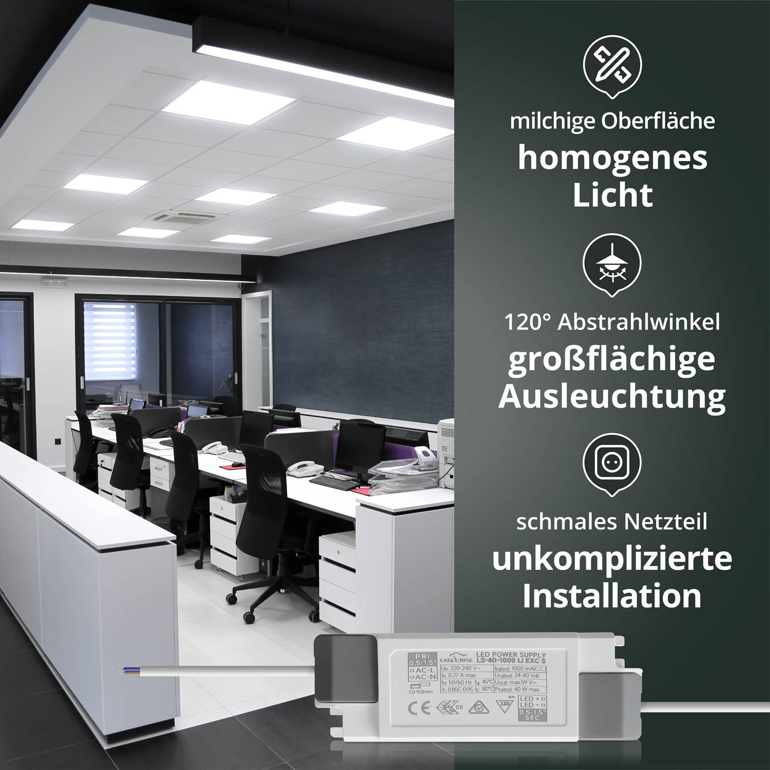 LED Universum LED Backlit Panel rahmenlos 62x62cm neutralweiß 40W 4000K 4000lm L620xB620xH35mm