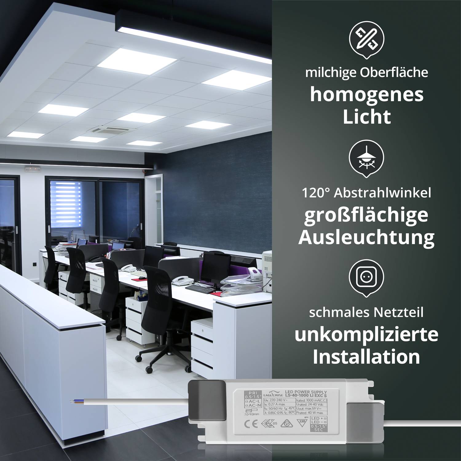 LED Universum LED Backlit Panel rahmenlos 62x62cm kaltweiß 40W 6500K 4000lm L620xB620xH35mm