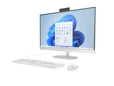 Ein schlanker, moderner Desktop-Computer mit einer weißen Tastatur und Maus. Der Bildschirm zeigt das Windows-11-Startmenü mit verschiedenen App-Symbolen.