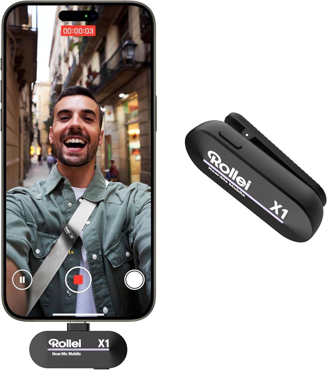 Rollei X1 tragbares Mikrofon neben einem Smartphone, das ein Selfie-Video aufnimmt, wobei die mobile Audioerfassung hervorgehoben wird.
