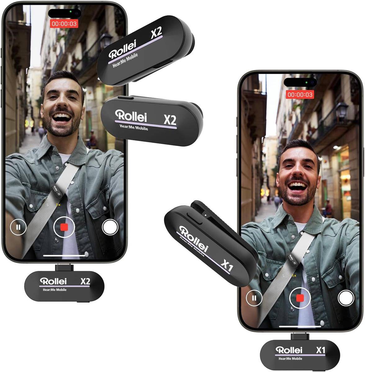Produktbild mit einem Smartphone-Kamera-Zubehör: Rollei X2 und X1 kabellose Mikrofon-Sender mit einem Mann, der ein Selfie-Video auf einem Telefon aufnimmt.