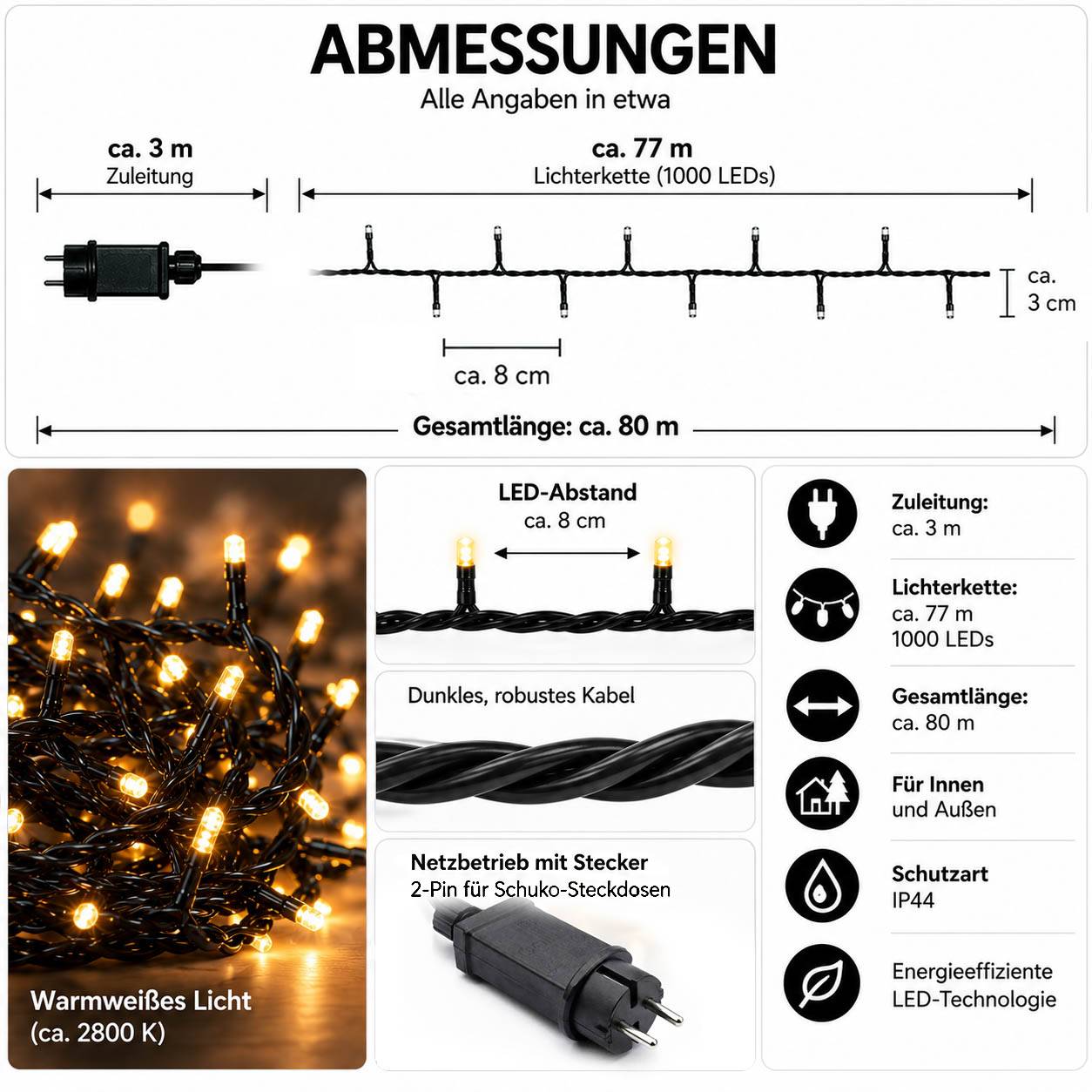 LED Universum LED Lichterkette warmweiß von - 80m Länge, 1000LEDs, 3m Zuleitung
