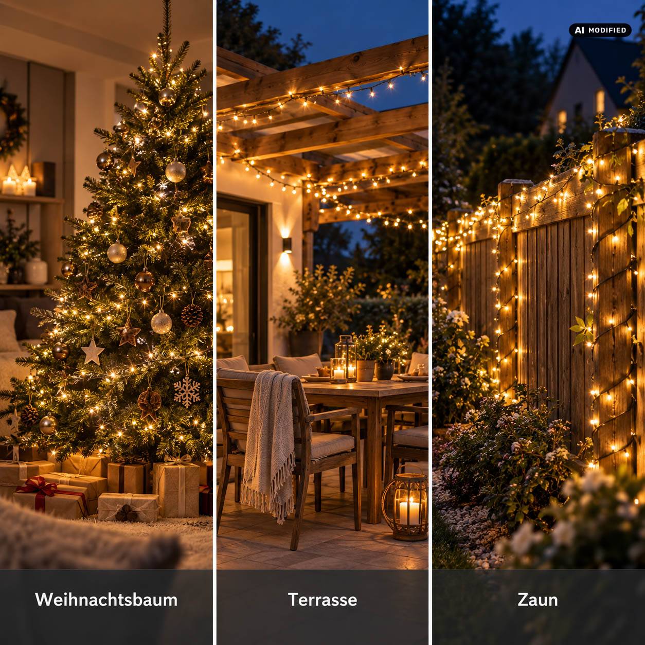 Drei geteilte Fotos einer gemütlichen, warm beleuchteten Weihnachtsszenerie: dekorierter Innenbaum, mit Lichtern geschmückter Terrassenbereich zum Dinieren und Zaun mit festlicher Lichterkette.