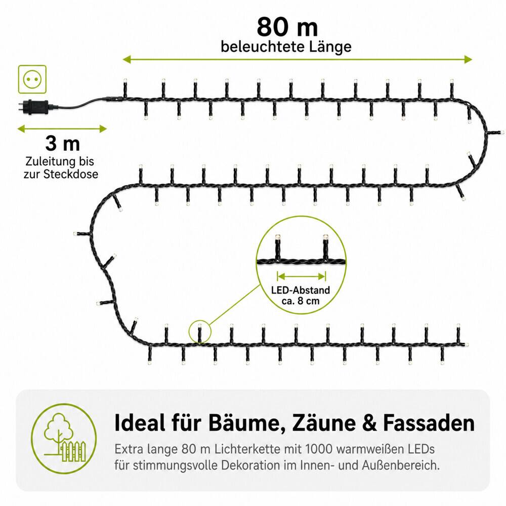 LED Universum LED Lichterkette warmweiß von - 80m Länge, 1000LEDs, 3m Zuleitung