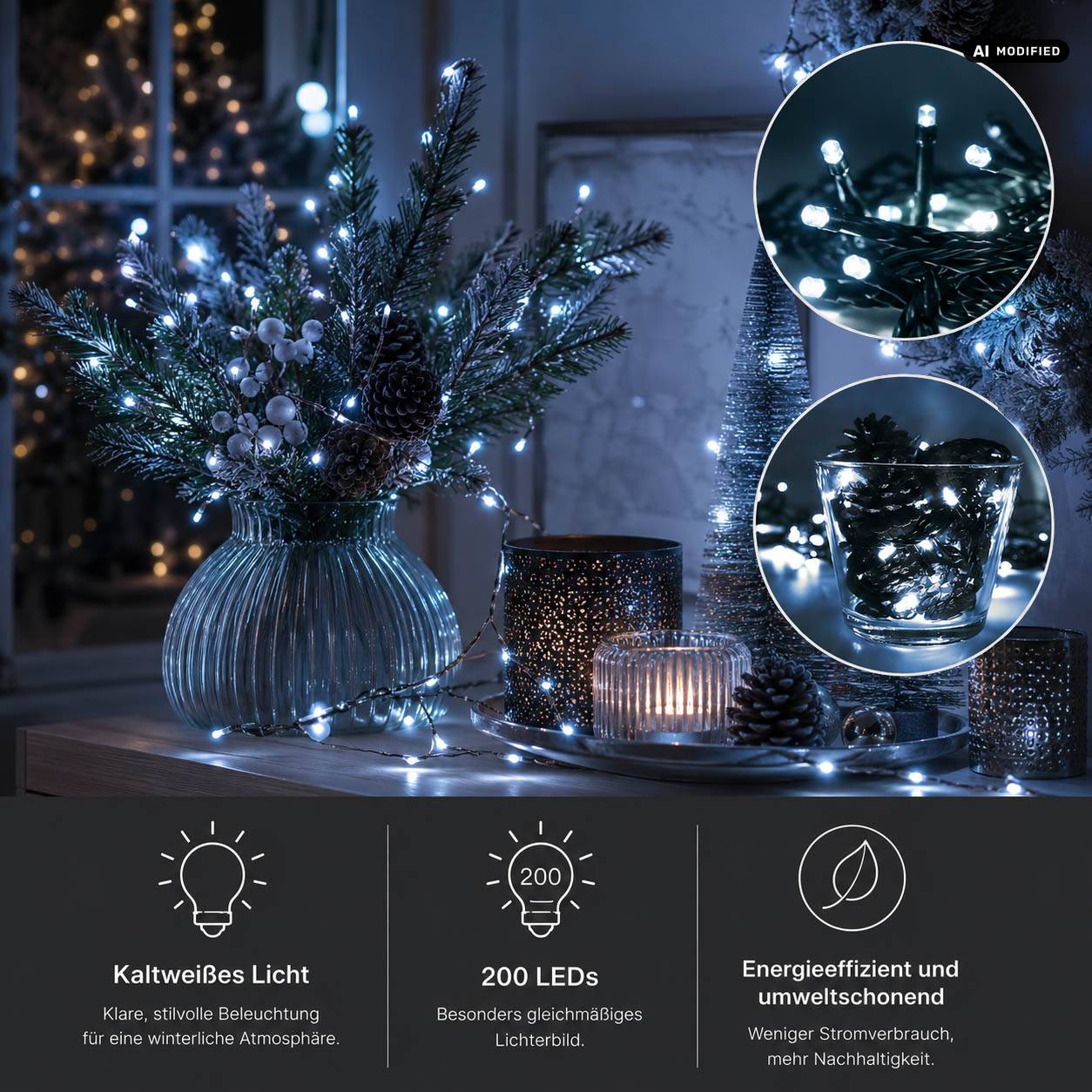 Dekorative Winterausstellung mit blauweißen LED-Lichterketten auf Kiefernzweigen und Kerzen; Symbole darunter zeigen „Kaltweißes Licht", „200 LEDs"" und „Energieeffizient und umweltschonend"".