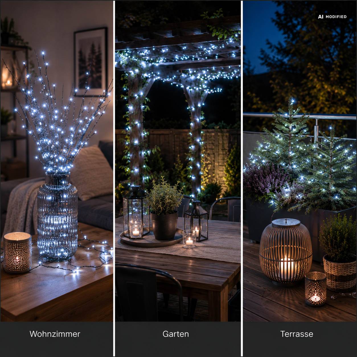 Dreiteiliges Bilderkollage, das zeigt: mit Lichterketten geschmückte dekorative Äste in einer Vase im Innenraum, eine beleuchtete Pergola im Gartenpavillon und eine Balkonterrasse mit leuchtenden Laternen und Topfpflanzen.