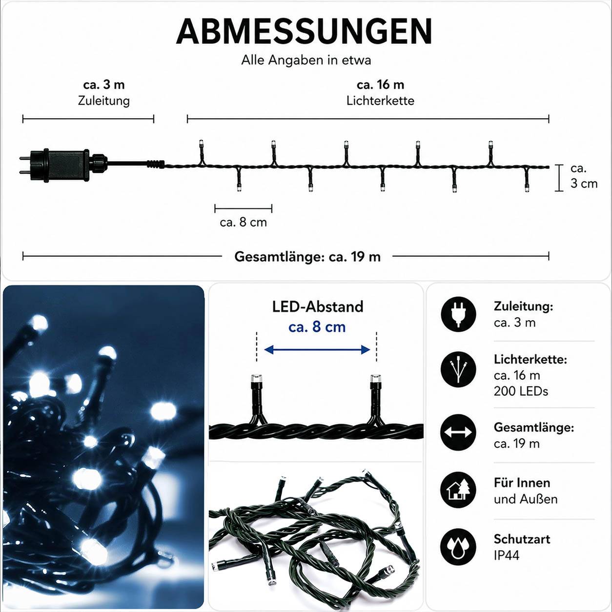 Diagramm einer LED-Lichterkette mit Abmessungen: 3 m Zuleitung, 16 m Lichterkette, 8 cm Birnenabstand, 19 m Gesamtlänge, IP44 für den Innen- und Außenbereich.