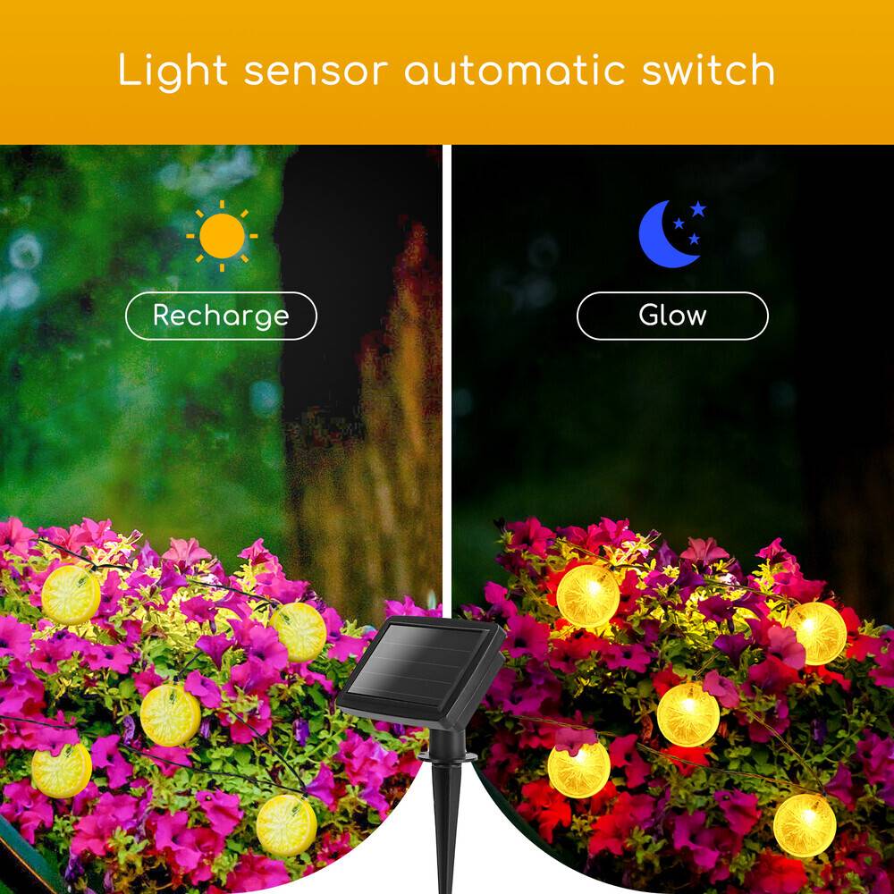 LED Universum LED Deko-Party-Lichterkette Zitrone 10 Lampen 3,8m mit Solar-Panel und Akku (max, 8h Leuchtdauer) 2700K-3000K