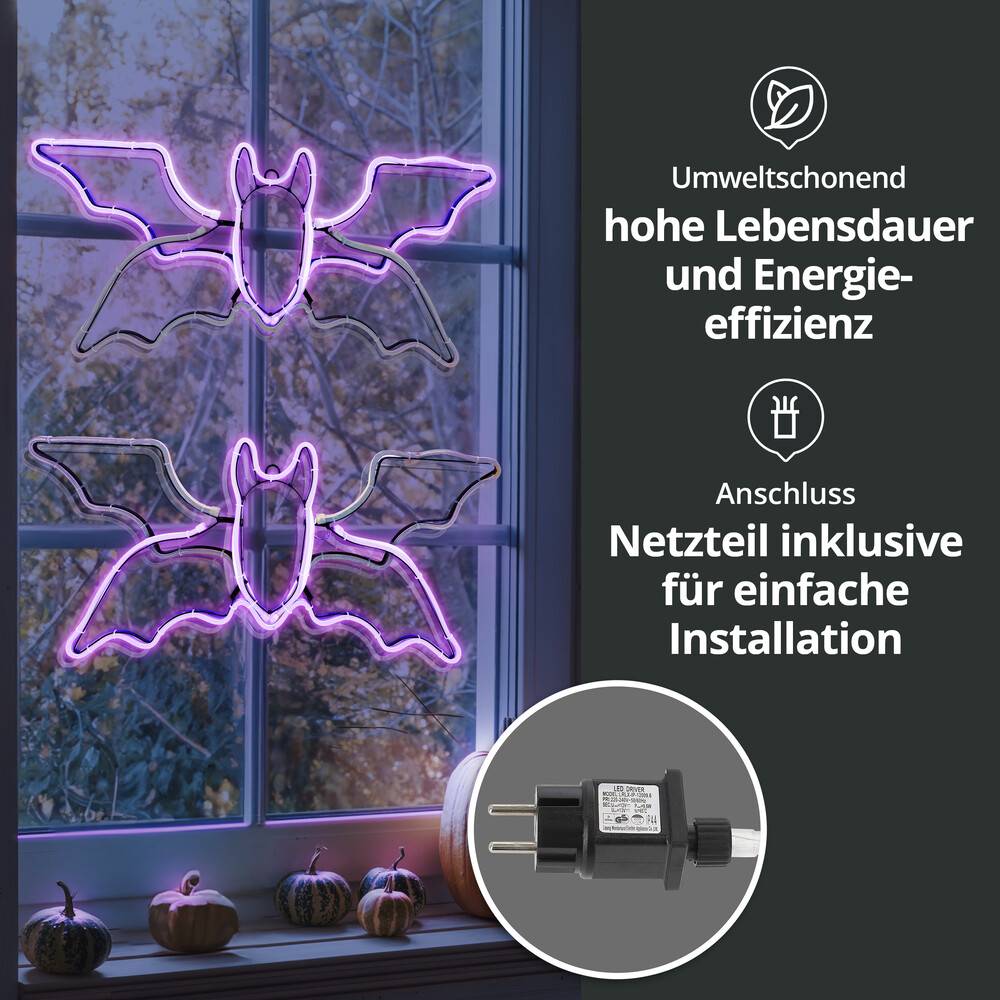 LED Universum 04886 - LED Fensterbild Neon Fledermaus "Vlady" 54 x 25cm lila