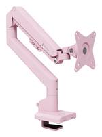 Rosa verstellbarer Monitorarm mit Schreibtischklammer und VESA-Halterung auf weißem Hintergrund.