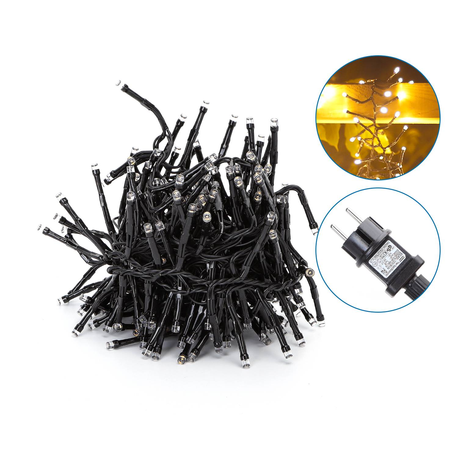 LED Universum LED Lichterkette 250 LEDs 10m (5m beleuchtet +5m Zuleitung) 24V 4,5W warmweiß mit Steckernetzteil IP44 2400K